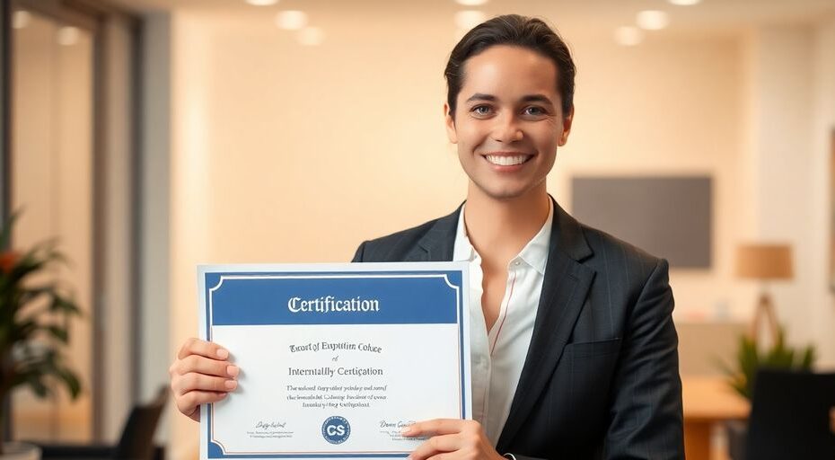 Persona sosteniendo un diploma en un entorno profesional.