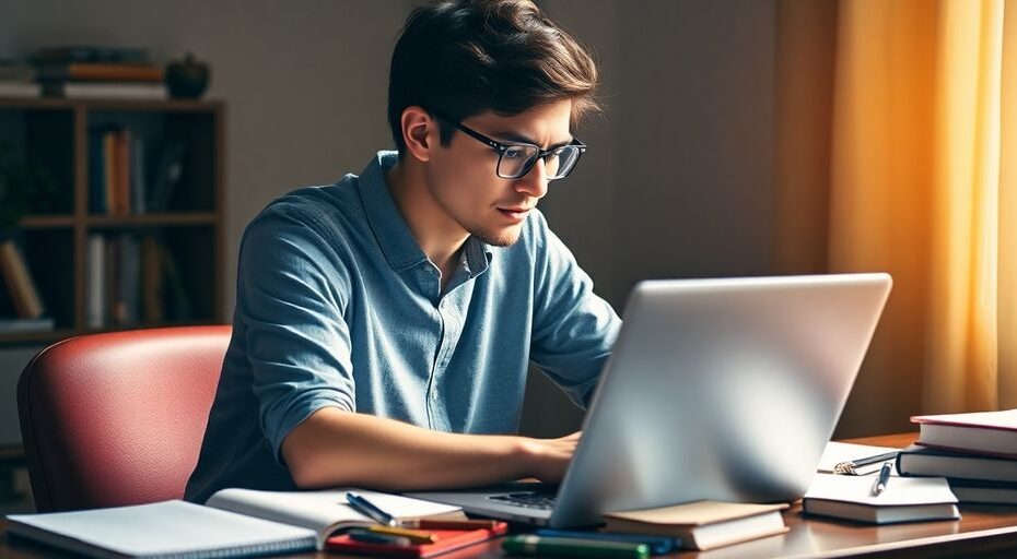 Estudiante concentrado en su curso online con laptop.