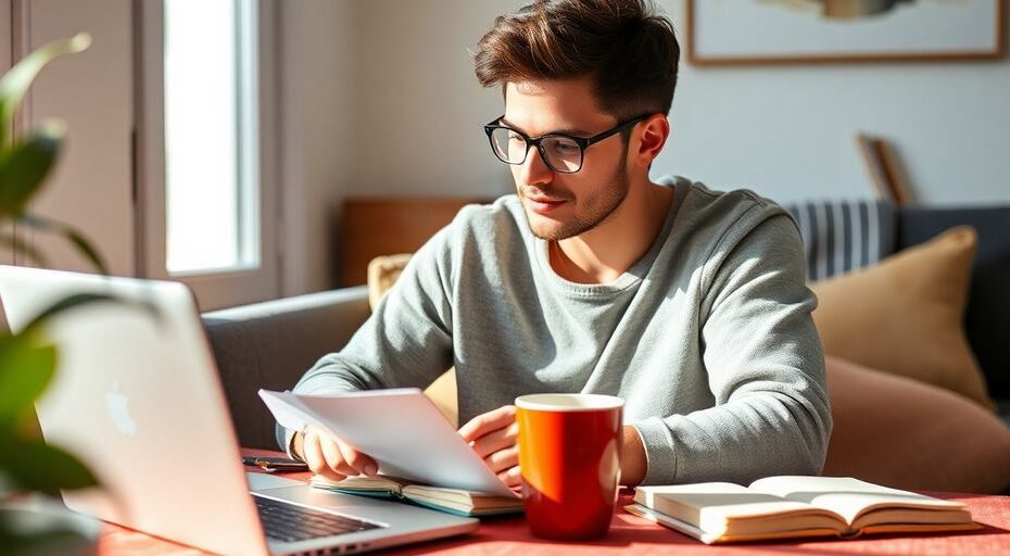 Persona estudiando finanzas en un ambiente acogedor.