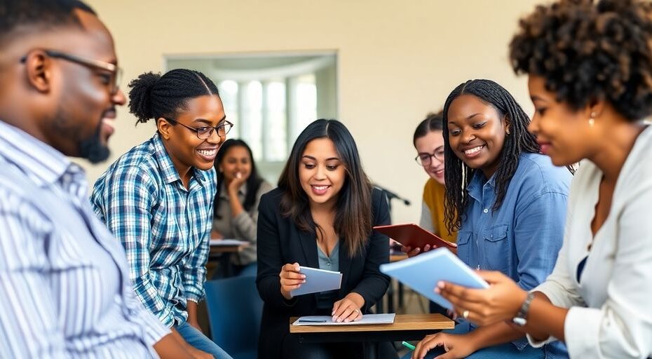 Adultos aprendiendo juntos en un aula.