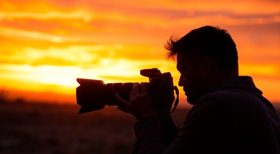 Fotógrafo capturando un paisaje al atardecer.