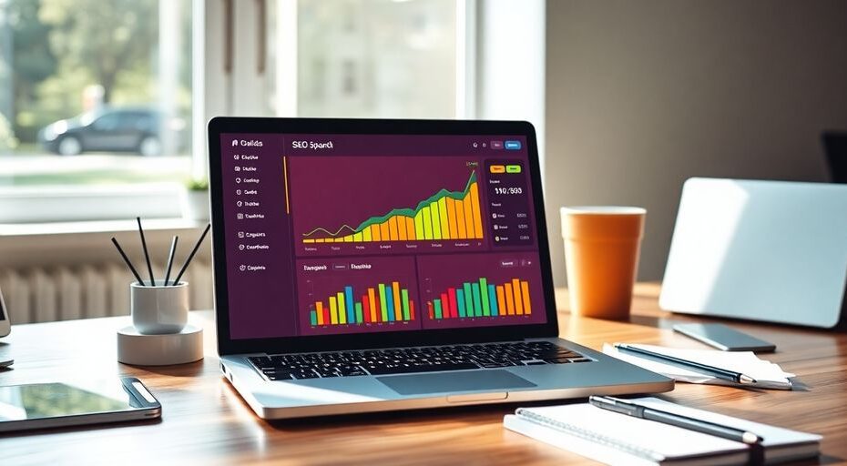 Computadora portátil con herramientas digitales en un escritorio.