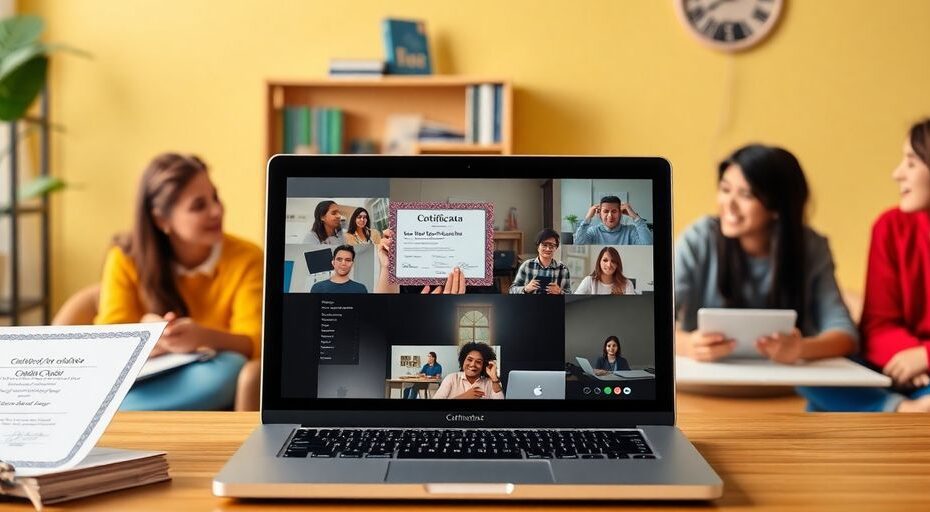 Estudiantes aprendiendo en línea con diplomas y computadoras.