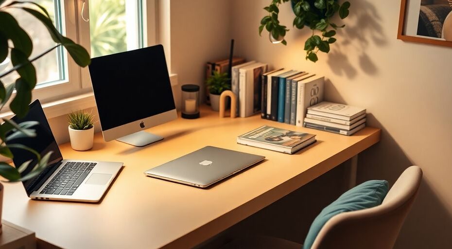 Espacio de estudio en casa con escritorio y laptop.