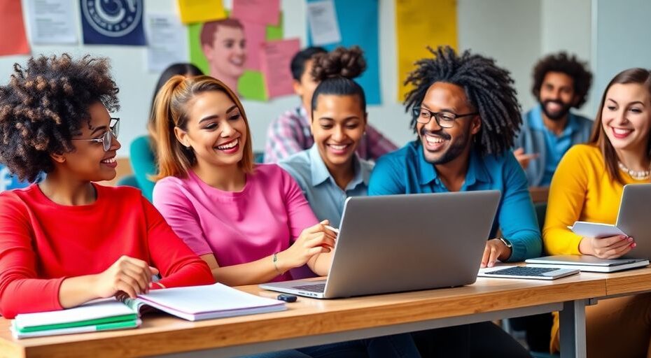 Clase de redes sociales con estudiantes entusiastas aprendiendo.