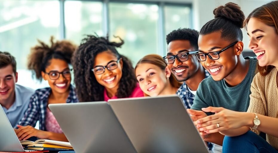Grupo diverso aprendiendo programación en laptops.