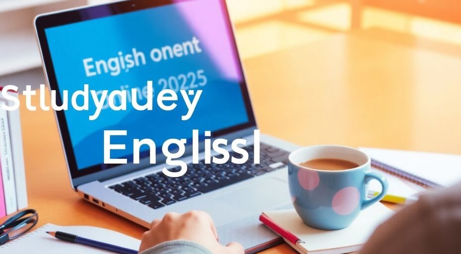 Persona estudiando inglés en línea con laptop y cuaderno.